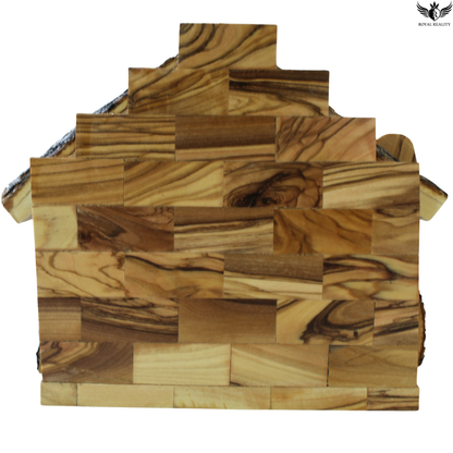 Wooden cutting board with a patchwork design on a white background