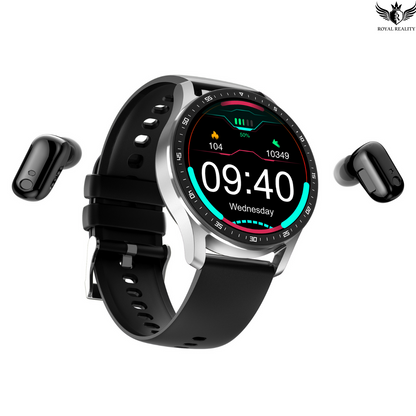 Smartwatch displaying health and fitness metrics with earbuds beside it
