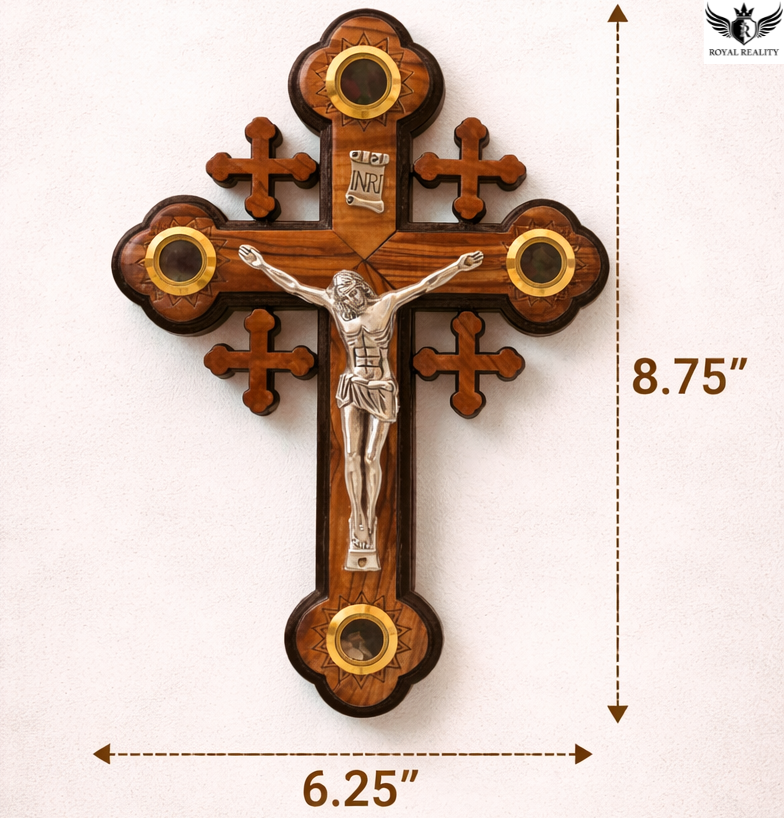 Wooden cross with a figure of Jesus Christ, showing dimensions on a white background.