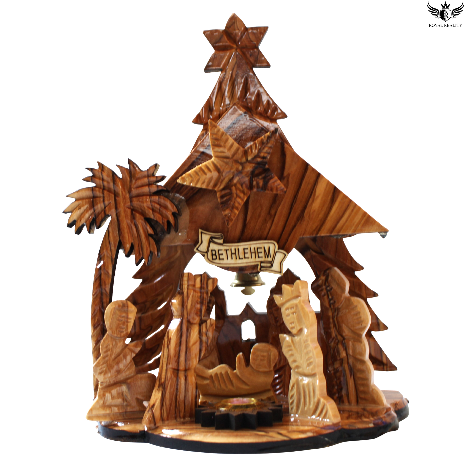 Wooden nativity scene with 'Bethlehem' sign and palm trees on a white background