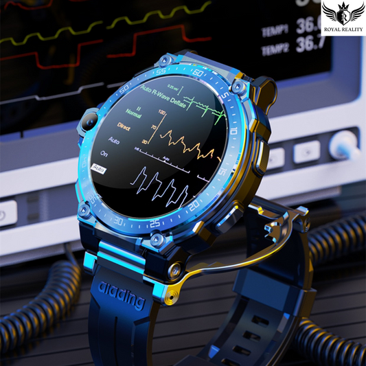 Y7 Smartwatch with 1.6-inch HD Display showing health tracking interface – futuristic background