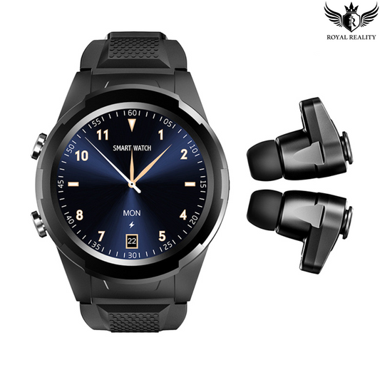Black Smartwatch with Built-in Wireless Earbuds – Front View with Logo