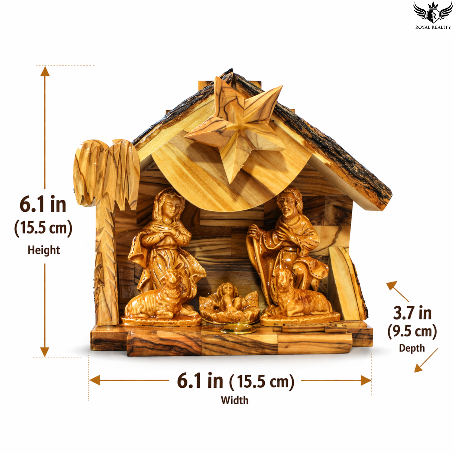 Wooden nativity scene with measurements on a white background