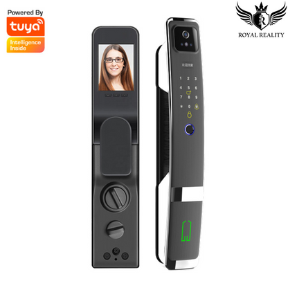 Side and front views of aluminum smart door lock with camera