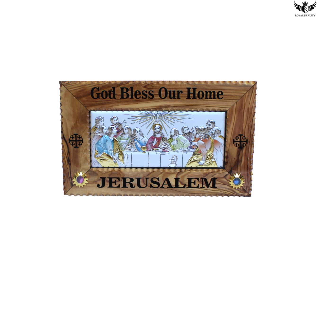 Wooden frame with 'God Bless Our Home' and 'Jerusalem' text, featuring a religious scene.