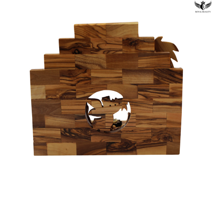 Wooden puzzle with a central cutout design on a white background