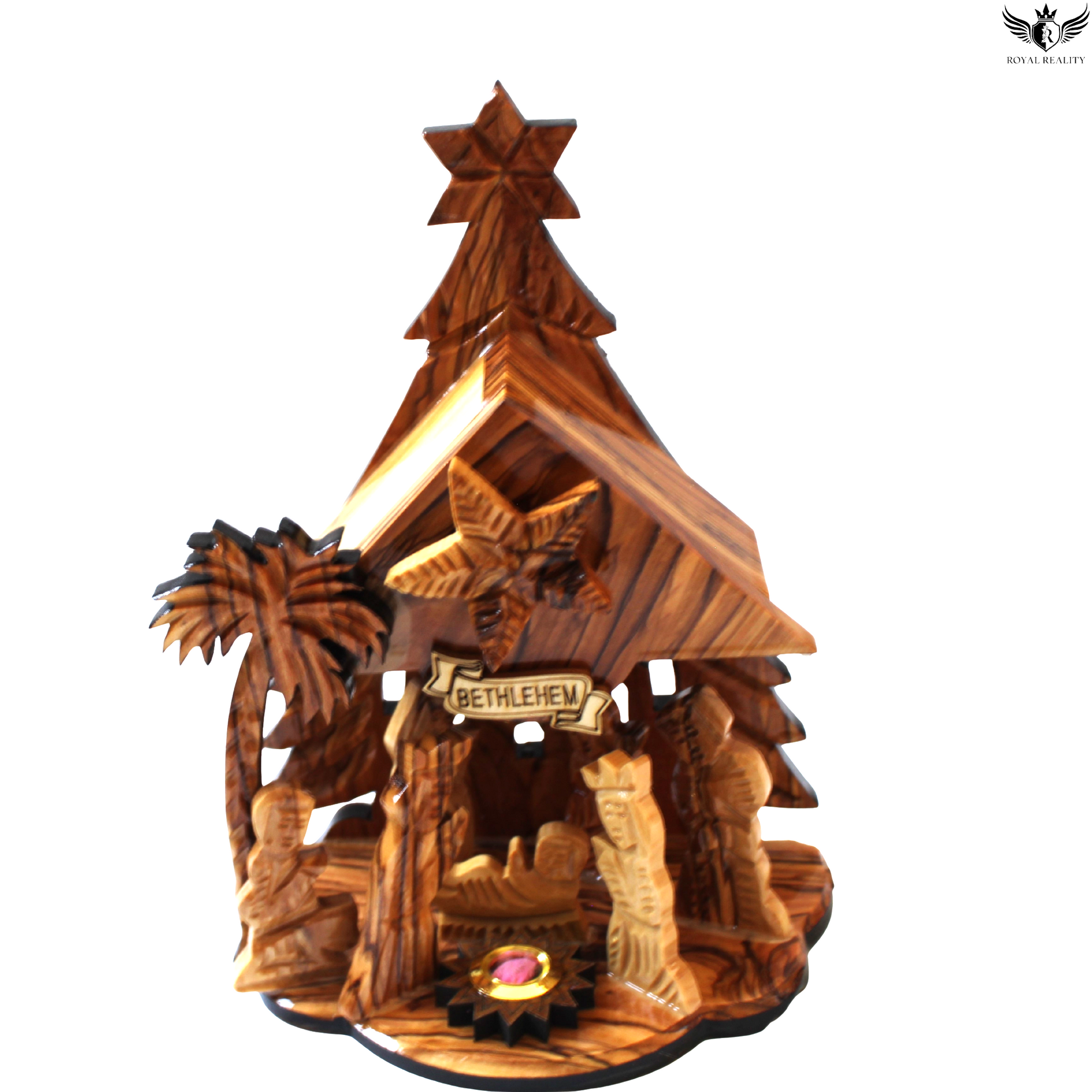 Wooden nativity scene with star on top, featuring 'Bethlehem' sign.