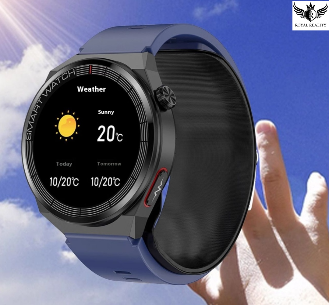 Smartwatch with Blue Strap Displaying Weather Forecast – 20°C Sunny Interface with Clear Sky Background

