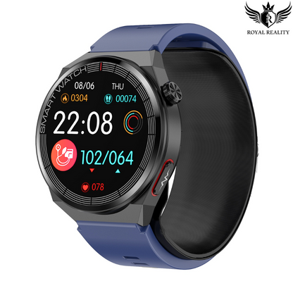 Blue and Black Smartwatch Showing Full-Screen Interface and Metrics