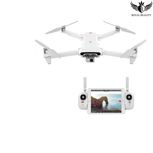 White 4K GPS drone with foldable arms, flying mid-air – Royal Reality branding
