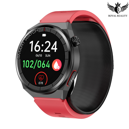 Red and Black Smartwatch with Time and Heart Rate Display