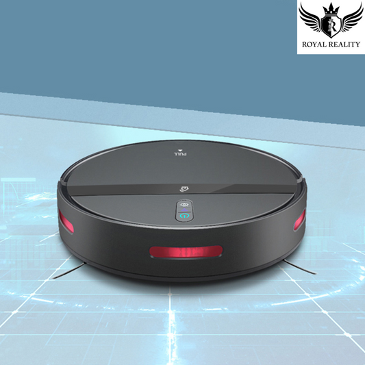 "Smart robot vacuum cleaner with modern black design on digital grid"