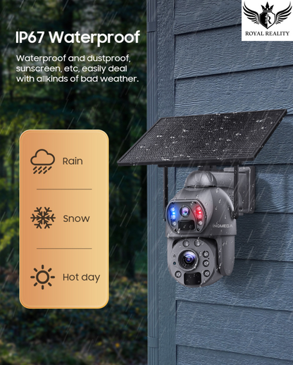 "Solar-powered camera mounted outdoors with sun and rain icons"
