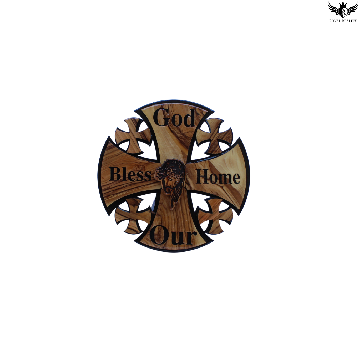 Wooden cross wall decor with engraved text on a white background