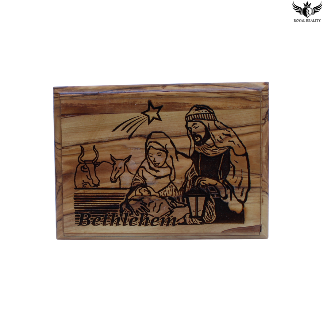 Wooden box with engraved nativity scene and 'Bethlehem' text on a white background