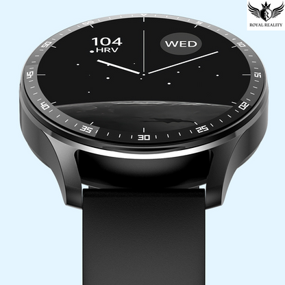 Elegant round smartwatch with analog-style black dial and HRV tracking