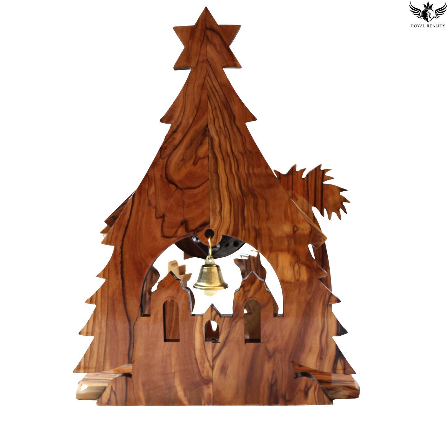 Wooden Christmas tree decoration with a bell on a white background