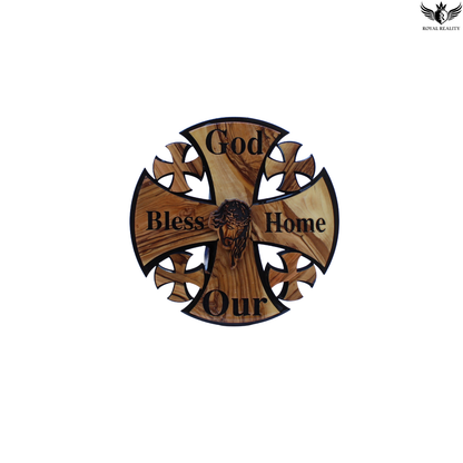 Wooden cross wall decor with engraved text on a white background