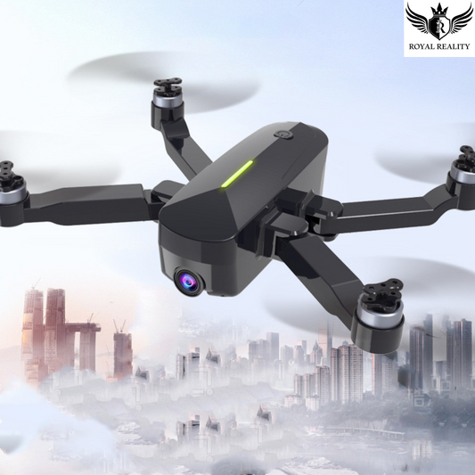 Foldable Black Drone Flying Above City Skyline – 4K Aerial Photography View