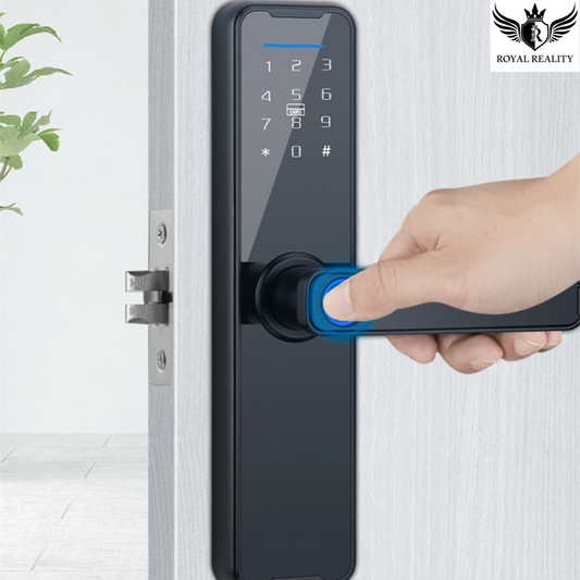 Smart fingerprint door lock in use with modern digital keypad interface