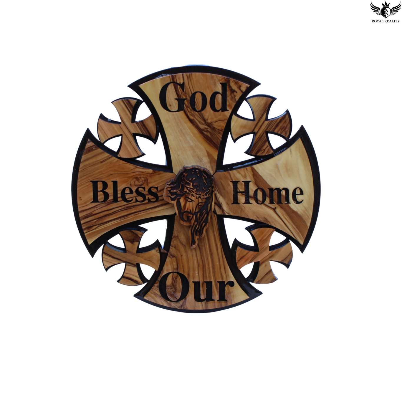 Wooden cross wall decor with engraved text on a white background