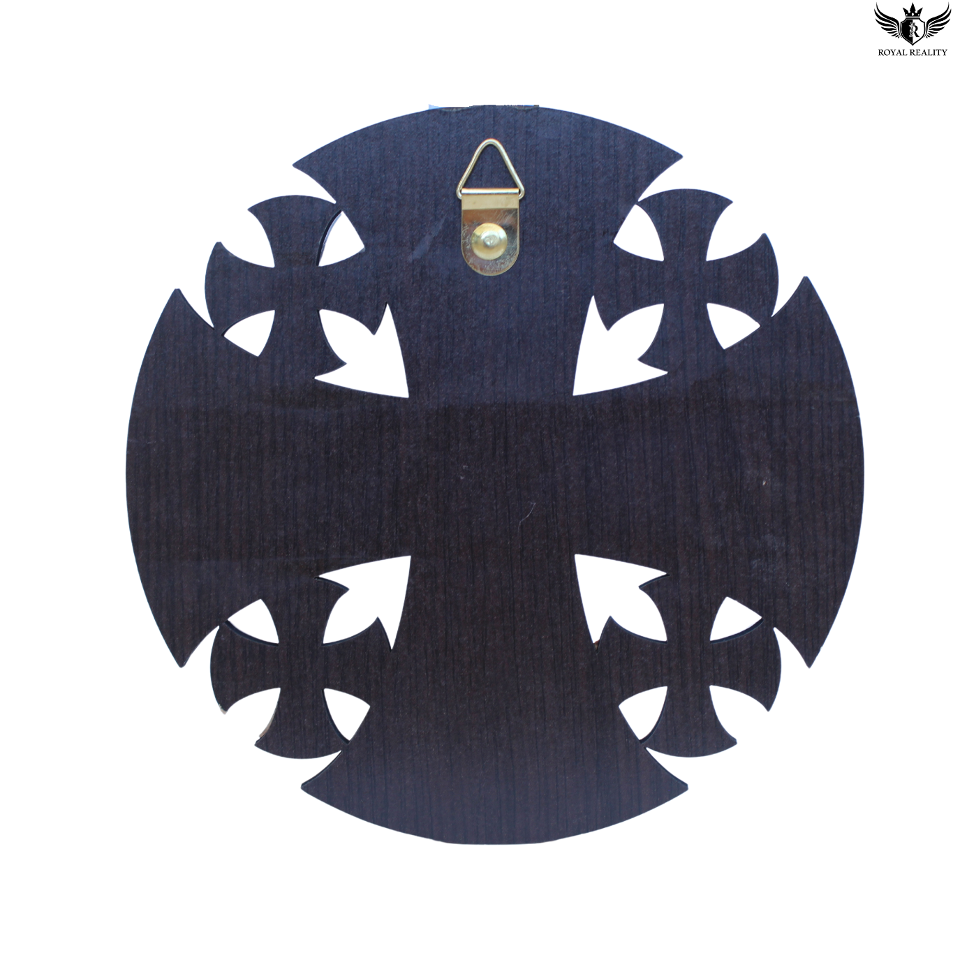 Decorative black and white cross design with a small gold emblem on a white background