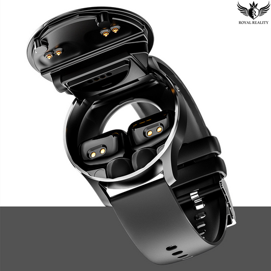 Smartwatch opened to reveal hidden TWS earbuds charging inside