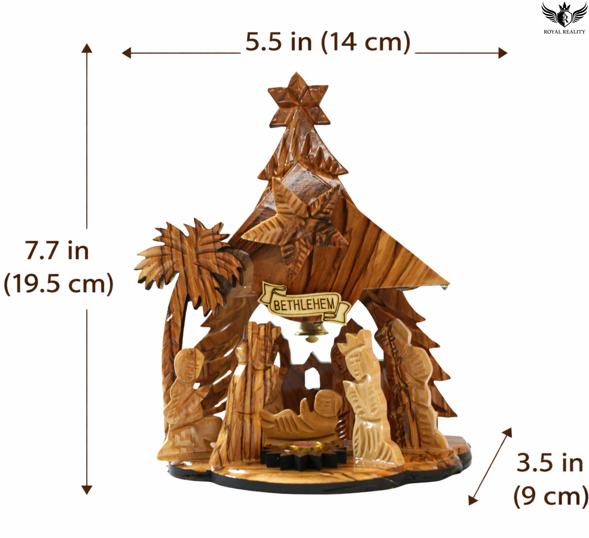 Wooden nativity scene with measurements on a white background