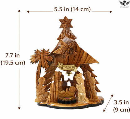 Wooden nativity scene with measurements on a white background
