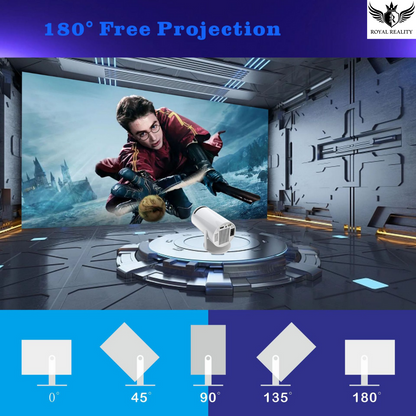 Mini projector showing gaming and cinematic use with multiple device connections