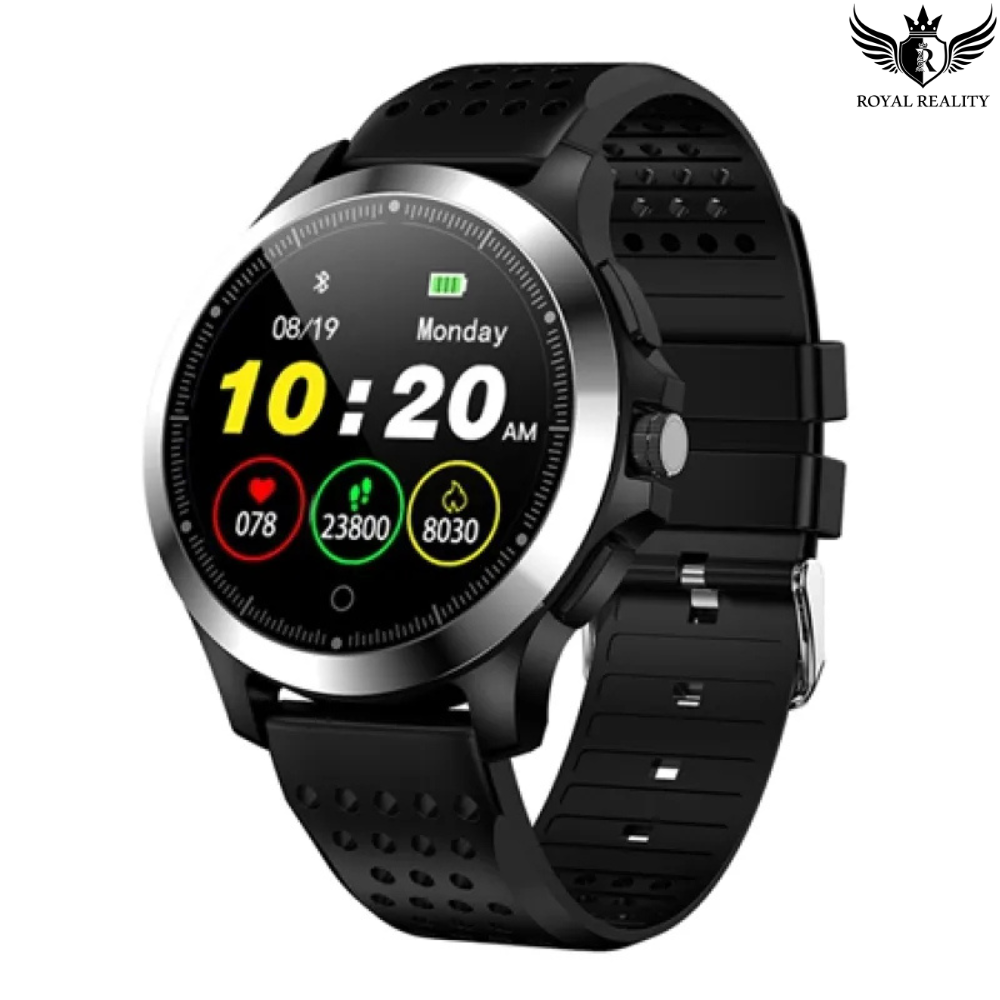 Health bracelet showing time, fitness tracking icons, and colorful display