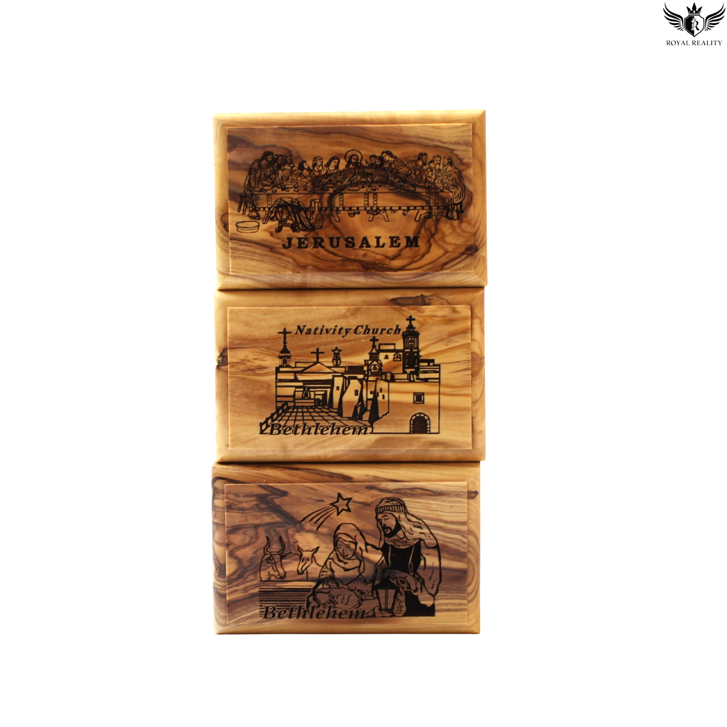Luxury Olive Wood Storage Box Set (3 Pieces) – Handcrafted Gift from the Holy Land