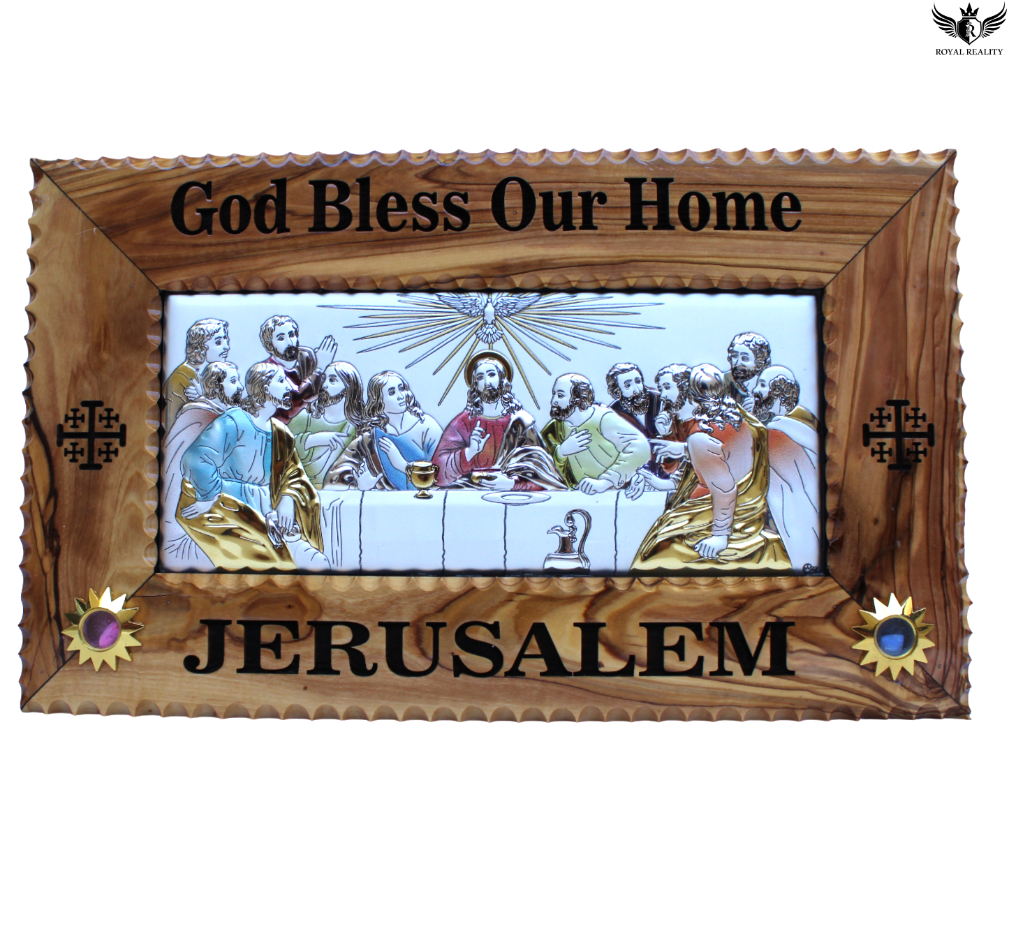 Decorative plaque with religious scene and 'God Bless Our Home Jerusalem' text in a wooden frame.