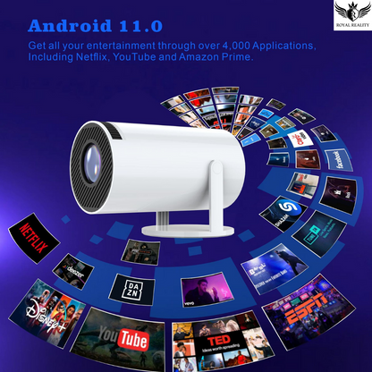 Android 11.0 smart projector interface showing app compatibility