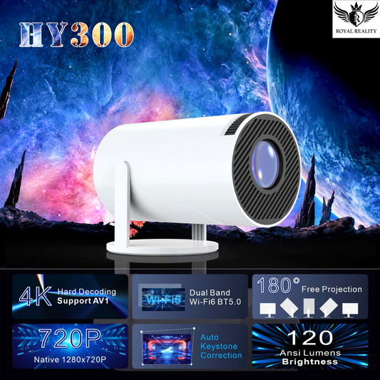 Mini smart projector with 4K decoding, 720p resolution, and 120 ANSI lumens