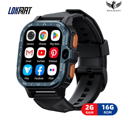 Android 4G smartwatch with 2GB RAM, 16GB storage, and app icons on screen