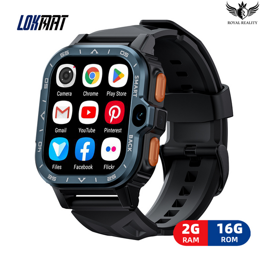Android 4G smartwatch with 2GB RAM, 16GB storage, and app icons on screen