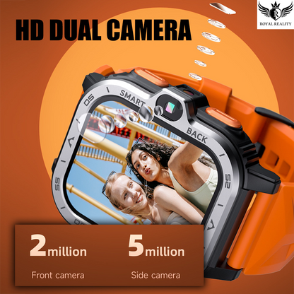 HD dual camera smartwatch showing 2MP front and 5MP side camera features