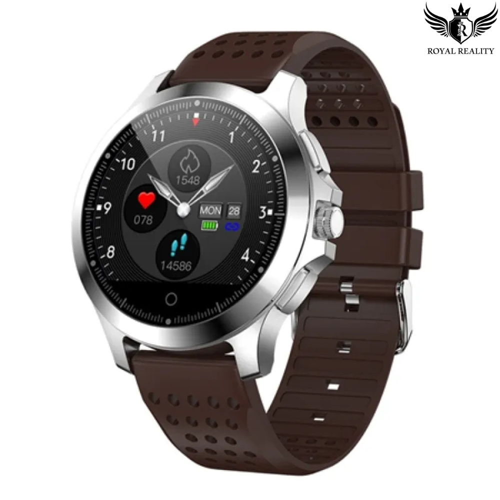 Elegant ECG smartwatch with brown strap, displaying health metrics