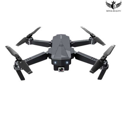 Black drone with folded propellers on a white background, branded 'Royal Reality'.