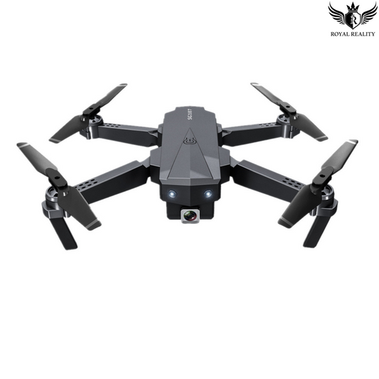 Black drone with folded propellers on a white background, branded 'Royal Reality'.