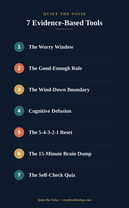 A dark navy informational graphic titled 'Quiet the Noise: 7 Evidence-Based Tools' with a numbered list of seven coping techniques, including The Worry Window, The Good-Enough Rule, Cognitive Defusion, The 5-4-3-2-1 Reset, The 15-Minute Brain Dump, and The Self-Check Quiz.