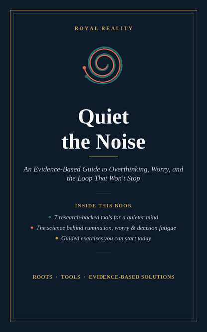 Book cover for 'Quiet the Noise' by Royal Reality, featuring a dark navy background with gold border lines and text, plus a small spiral logo near the top center.
