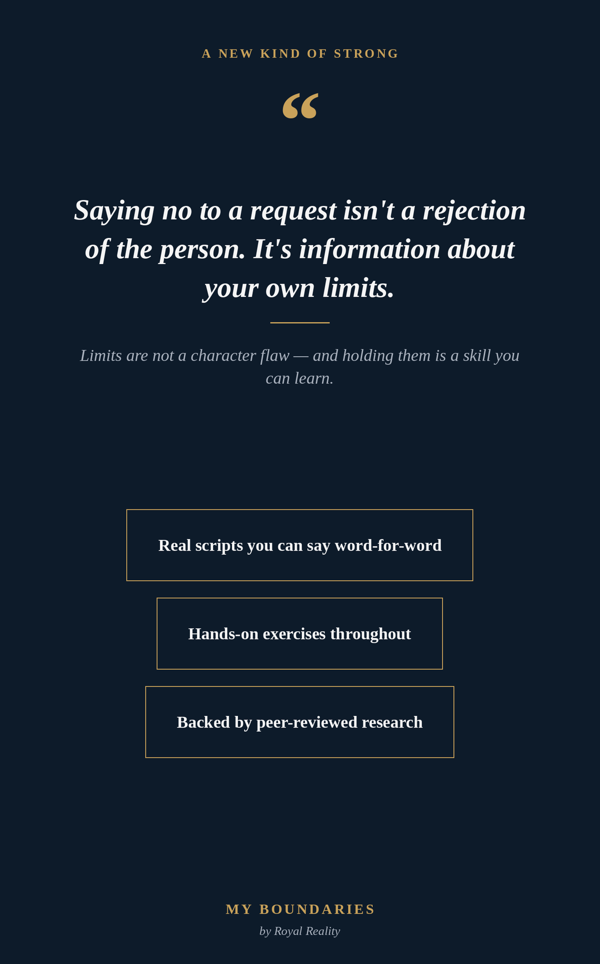 A dark navy promotional graphic with white and gold text about setting boundaries, including the quote, feature callouts, and the brand name My Boundaries by Rachel Rashid.