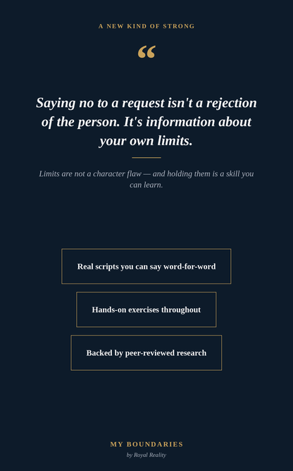 A dark navy promotional graphic with white and gold text about setting boundaries, including the quote, feature callouts, and the brand name My Boundaries by Rachel Rashid.
